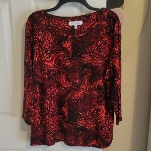 Emily Daniels SzXL  Red and Black Swirl sparkle Long Sleeve Party Top